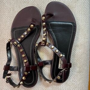 Balenciaga Burgundy Sandals with Gold Studs